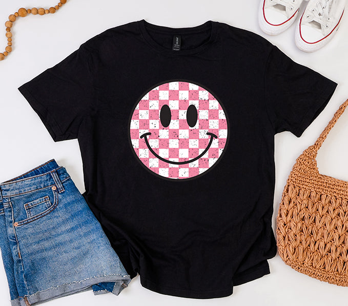 Pink Checkered Smiley Face Graphic Tee