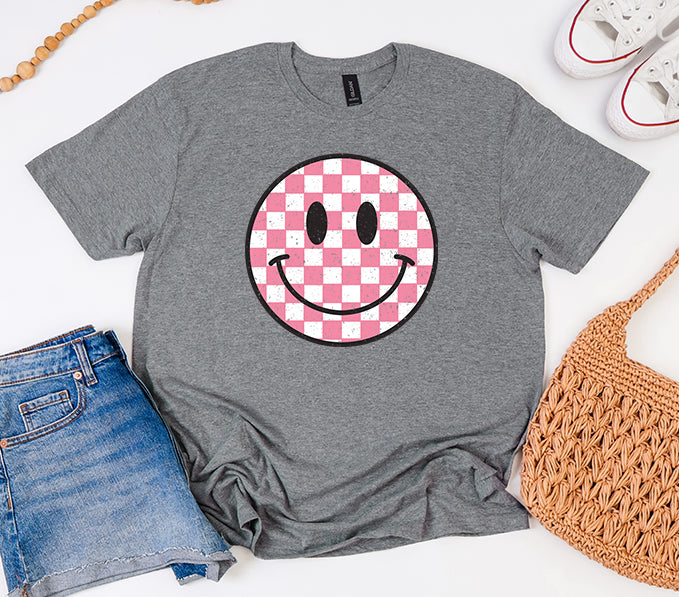 Pink Checkered Smiley Face Graphic Tee
