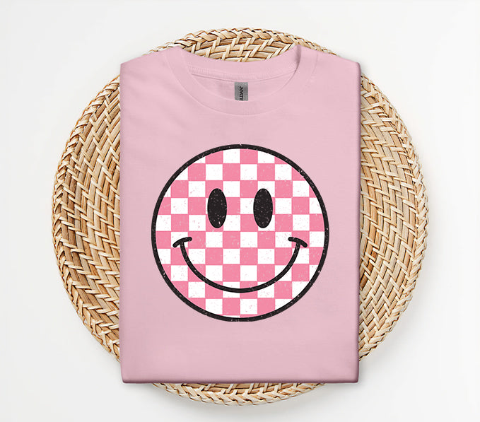 Pink Checkered Smiley Face Graphic Tee