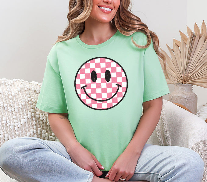 Pink Checkered Smiley Face Graphic Tee