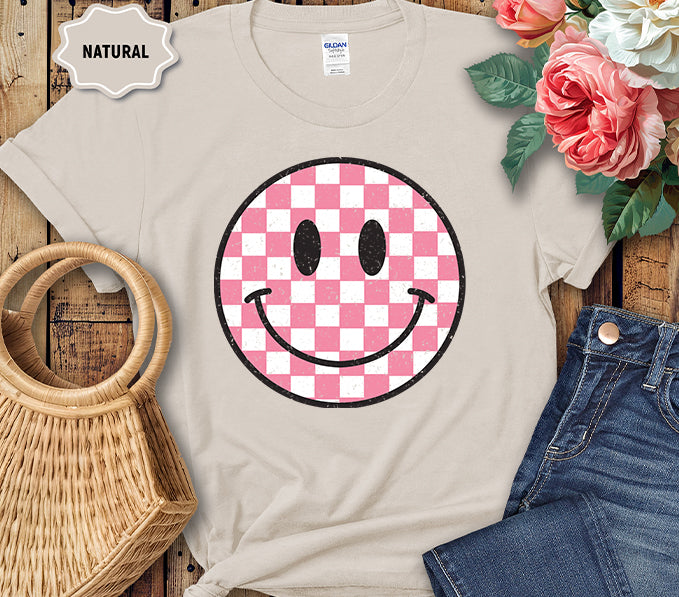 Pink Checkered Smiley Face Graphic Tee