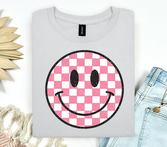 Pink Checkered Smiley Face Graphic Tee