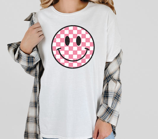 Pink Checkered Smiley Face Graphic Tee